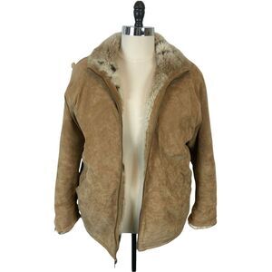 Suede Faux Fur Reversible Coat Vintage Winlit Women's Tan Full Zip size L